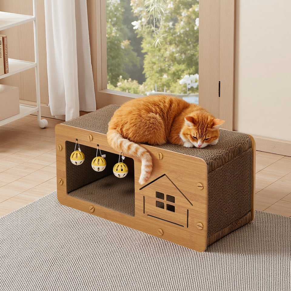 image 1 of Living and Home 2-in-1 Cat House with Scratcher | Brown | M