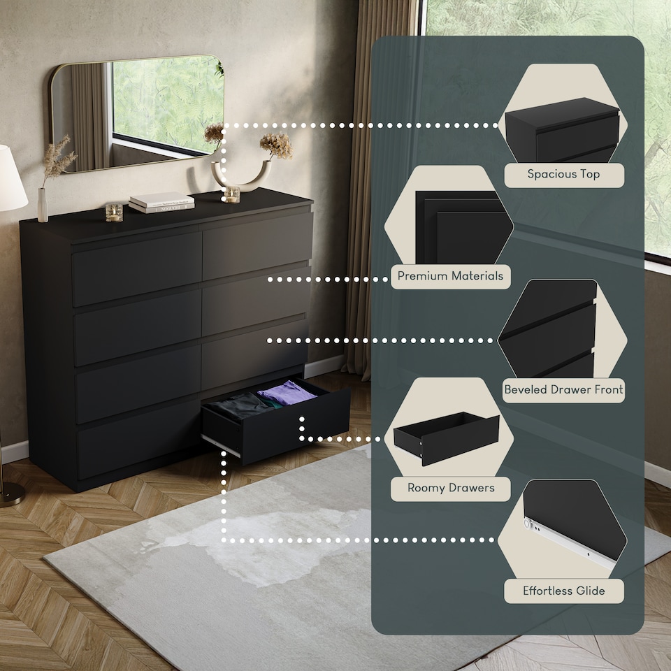 image 1 of Vida Designs Denver 8 Drawer Chest of Drawers Bedroom Storage, Black