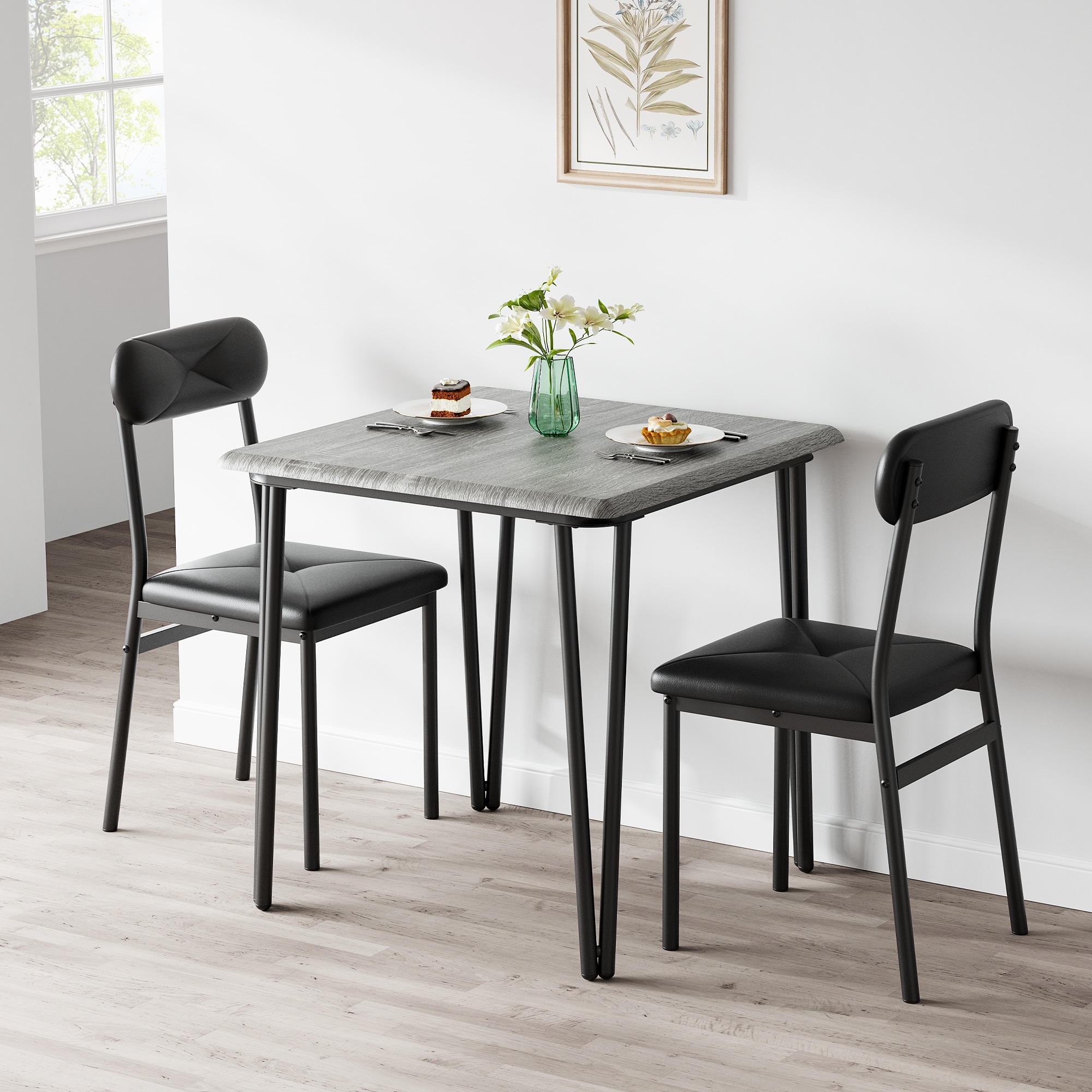 London Boutique Set of 3 Dining Table Set Square Kitchen Table with 2 Upholstered Chairs - Grey