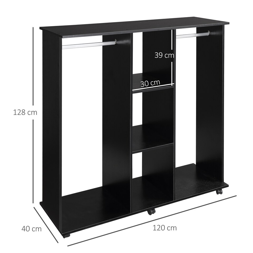 image 1 of HOMCOM Double Open Wardrobe on Wheels, Bedroom Wardrobe with Clothes Hanging Rails, 3 Storage Shelves, Mobile Garment Rack for Cloakroom, Hallway, Black