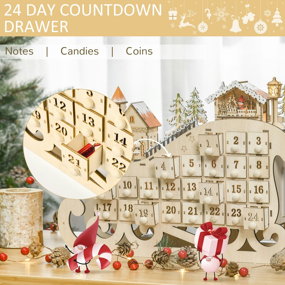 image 1 of HOMCOM Christmas Advent Calendar Light Up Sleigh w/ Countdown Drawer, Village
