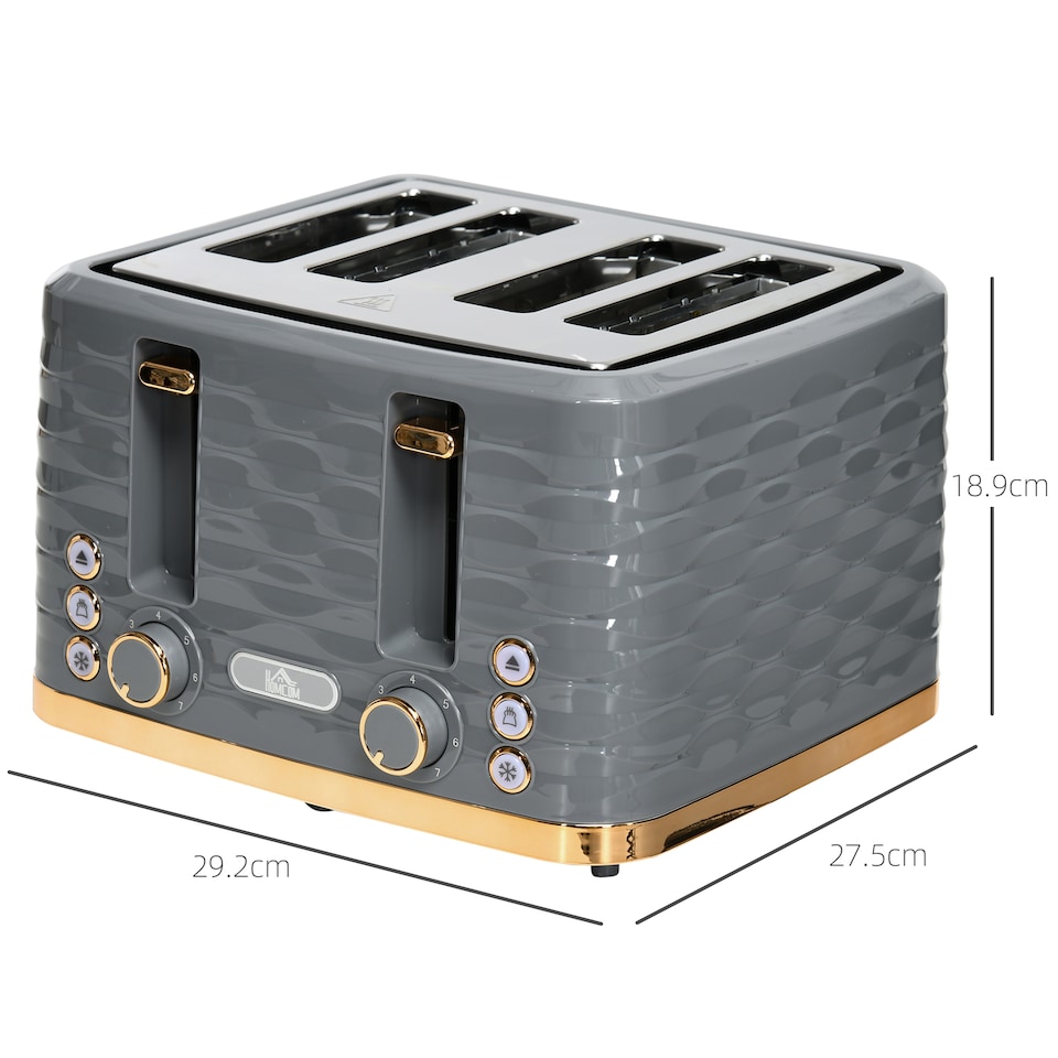 image 1 of HOMCOM 4 Slice Toaster with 7 Browning Levels, High Lift, ReheatDefrostCancel, Self-centring Function, Removable Crumb Tray, Auto Off, 1600W, Grey Water Ripple Texture | Grey | Rose gold accents