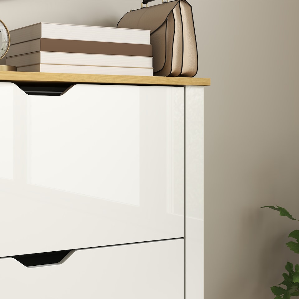image 1 of HOMCOM 18-Shoe Storage Cabinet 6 Shelves 3 Drawers Tabletop High Gloss White | White | Oak | 1