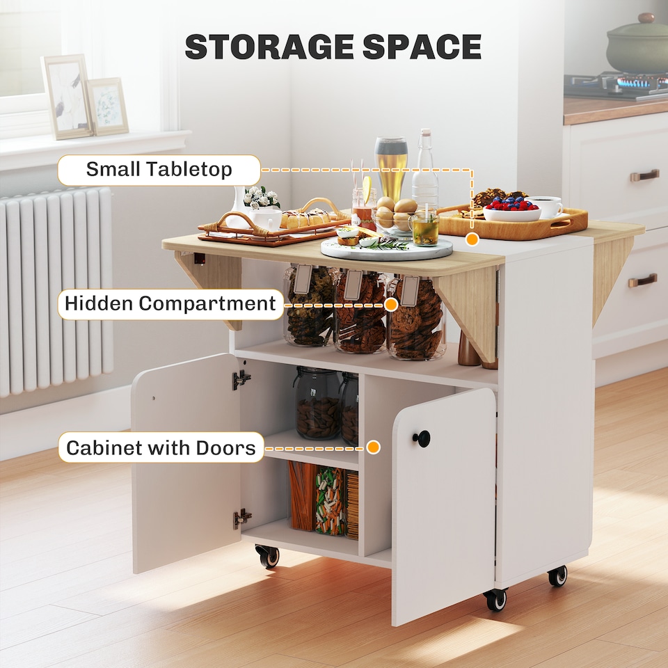 image 1 of HOMCOM Folding Dining Table, Rolling Drop Leaf Table with Hidden Shelf | White | White and Natural Wood | 70W x 83D x 75H cm