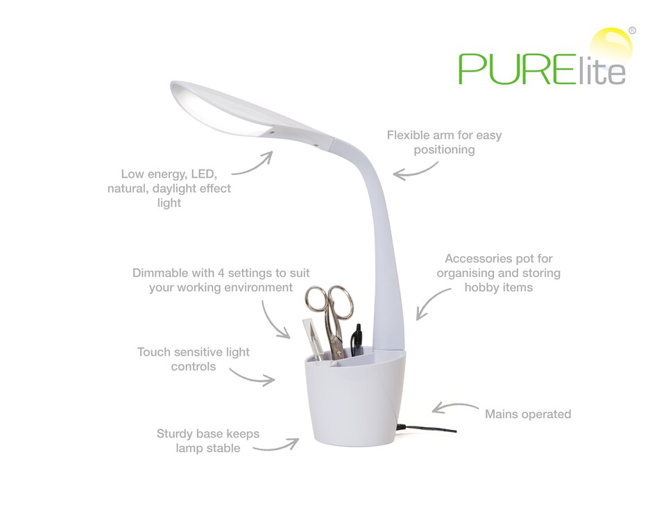 image 1 of PURElite Natural Daylight Hobby Lamp - Table & Desk Lamp, Flexible LED Light with 4 Brightness Settings for Reading & Crafts