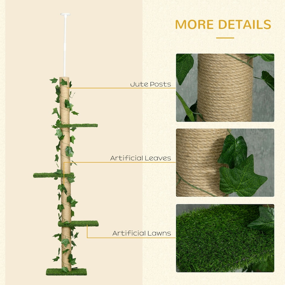 image 1 of PawHut 242cm Floor to Ceiling Cat Tree with Leaves Scratching Post, Green