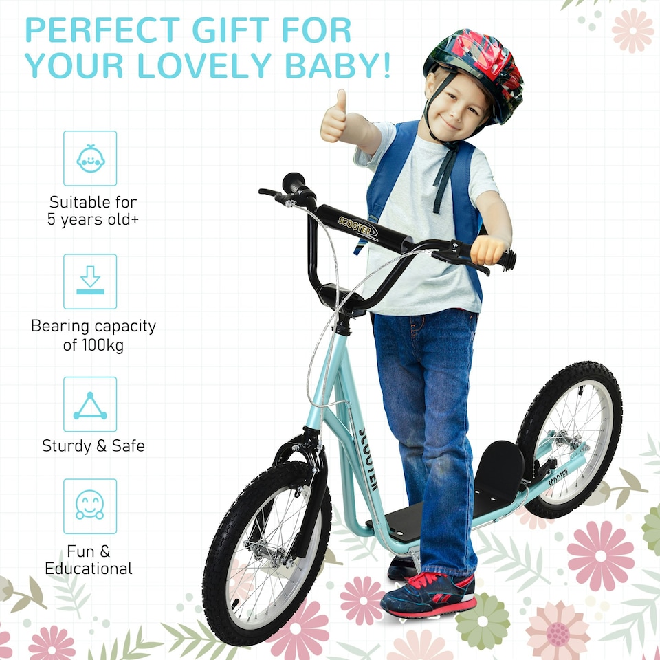 image 1 of HOMCOM 90-96cm Kids Kick Scooter w/ Adjustable Handlebar Inflatable Wheels Blue