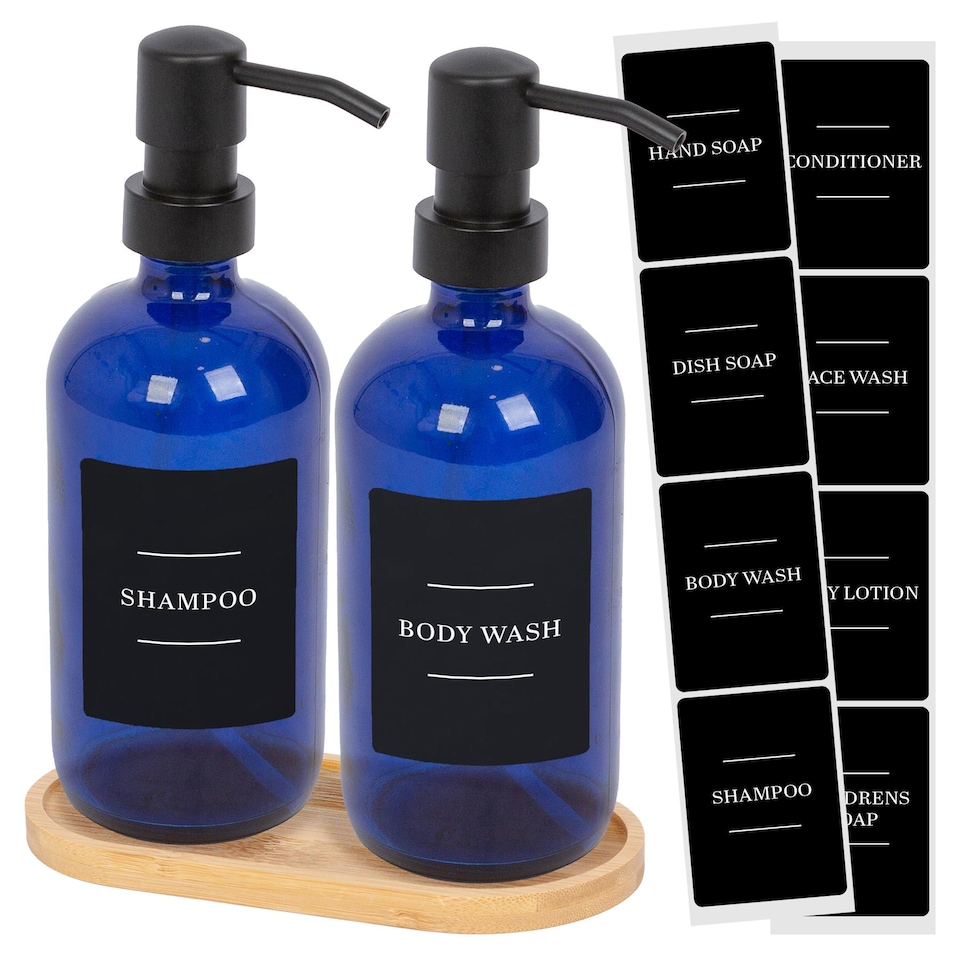 image 1 of Harbour Housewares 2pc Glass Soap Dispenser Set with Bamboo Tray & Labels - 500ml - Blue/Black Refillable Pump Bottles
