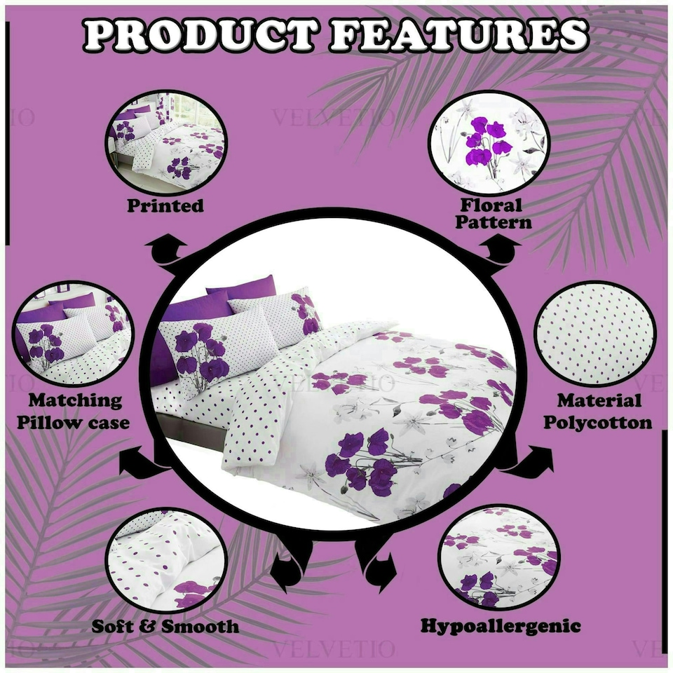 image 1 of VELVETIO Poppy Flower Duvet Cover Set Reversible Polycotton Easy Care Beddings Purple | Aubergine | Single