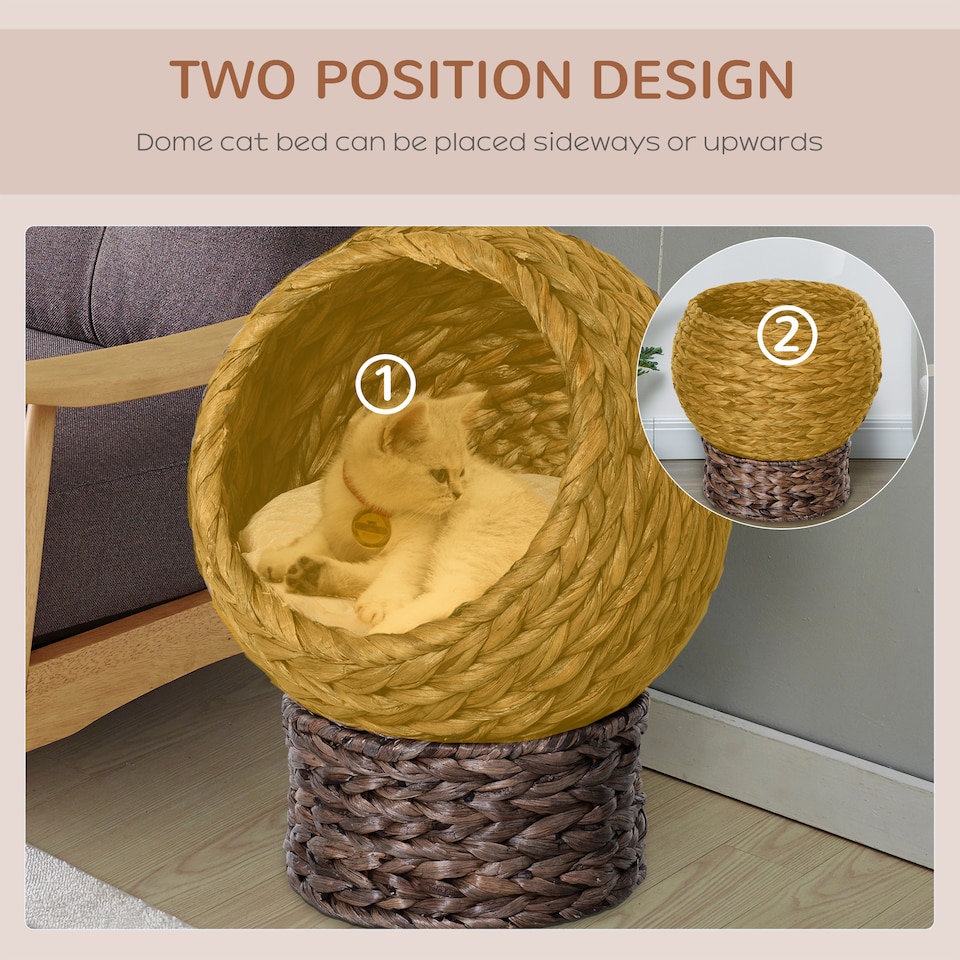 image 1 of PawHut Wicker Cat House, Raised Cat Bed with Cushion, 42 x 33 x 52cm, Dark Brown