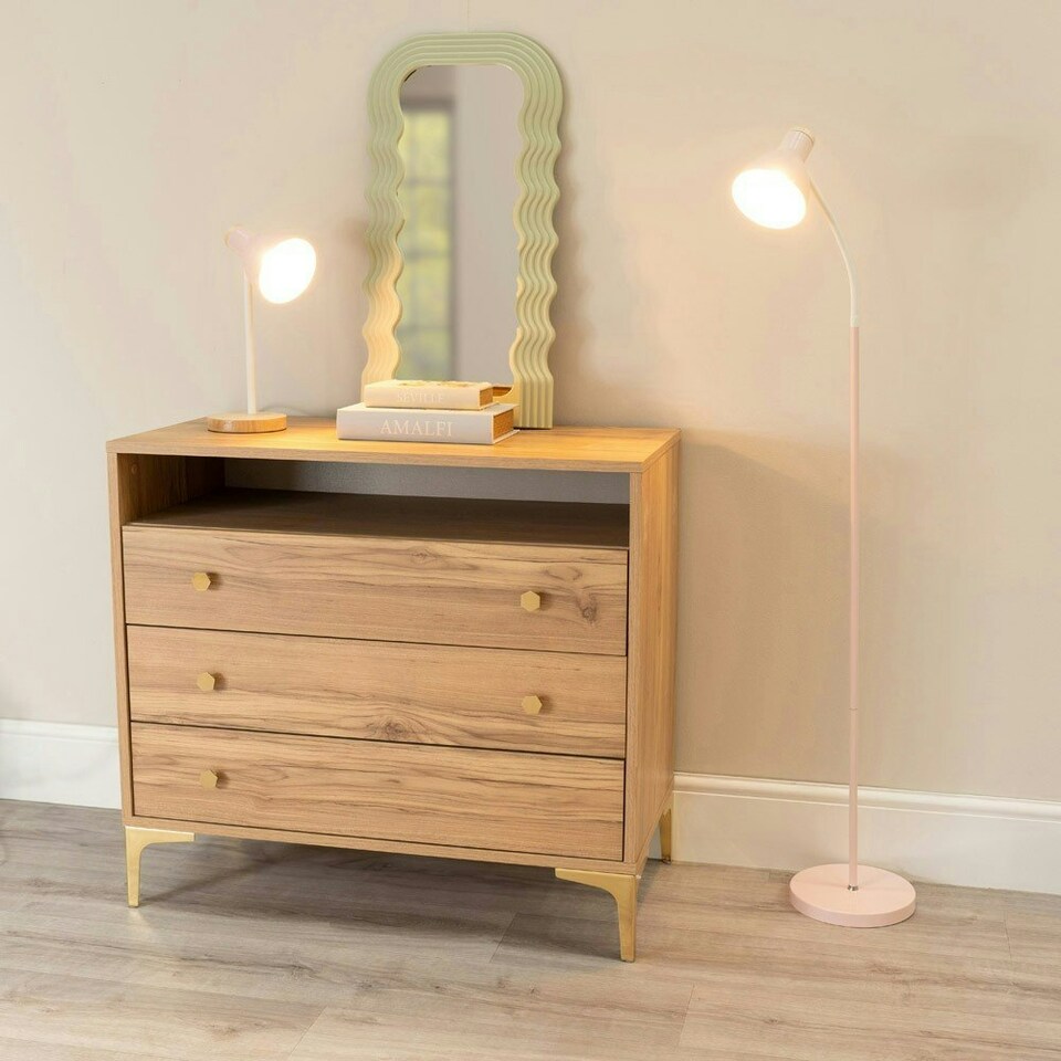 image 1 of ValueLights Woody Blush Pink Metal Dome Shade Wooden Base Freestanding Floor Lamp with LED Bulb