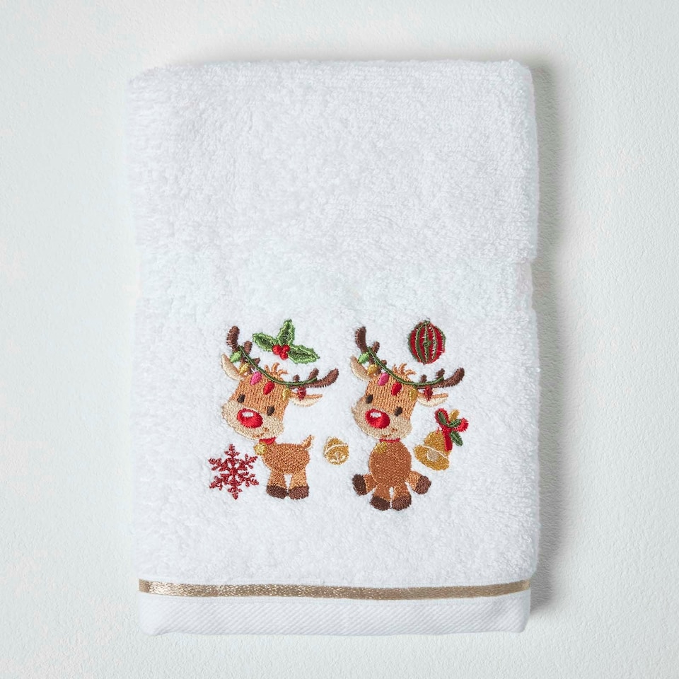 image 1 of Homescapes Reindeer Embroidered 100% Cotton Christmas Hand Towel