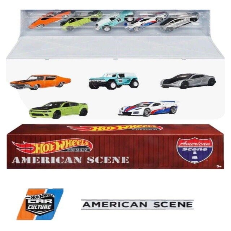 image 1 of American Scene 5 Car Set With Container 1:64 Hot Wheels Real Riders HFF44 LA10