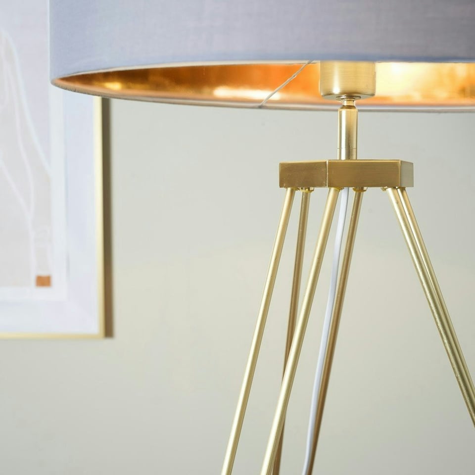 image 1 of ValueLights Aero Modern Gold Hairpin Design Tripod Floor Lamp with Grey/Gold Drum Shade - Includes 6w LED GLS Bulb 3000K