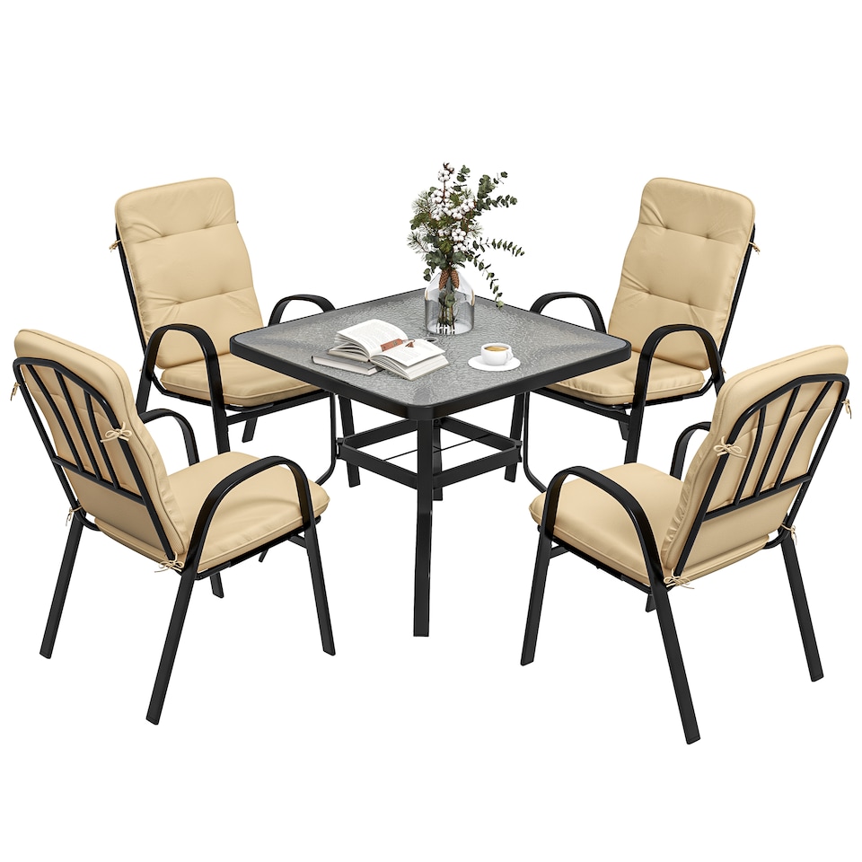 image 1 of Outsunny 5 Pieces Garden Dining Set, Outdoor Square Dining Table and 4 Cushioned Armchairs, Tempered Glass Top Table w Umbrella Hole, Texteline Seats, Beige