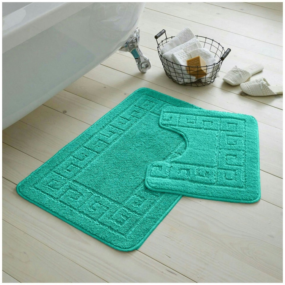 image 1 of VELVETIO Greek Bath Mat & Pedestal Mat Water Absorbent Non Slip Toilet Rugs Blue | Teal