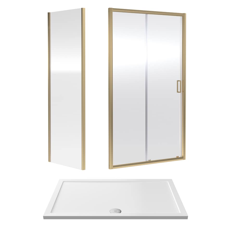 image 1 of 1400x900mm Sliding Shower Suite with Safety Glass Door, Side Panel & Tray, Brushed Brass | Copper | Brushed Brass | 3