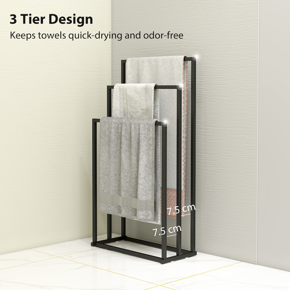 image 1 of HOMCOM Freestanding Towel Rack, Steel Towel Rail Holder with 3 Bars, Black
