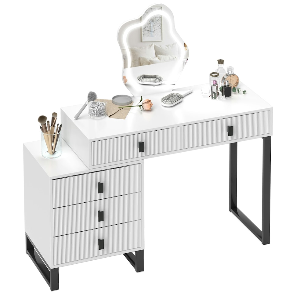 image 1 of HOMCOM Dressing Table with LED Leaf Shape Mirror and 5 Drawers, White White