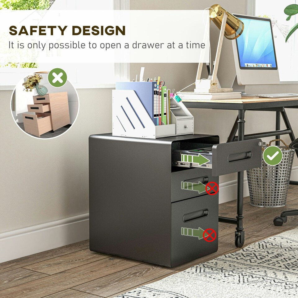 image 1 of Vinsetto 3 Drawer Modern Steel Filing Cabinet w/ 4 Wheels Lock Pencil Box Black