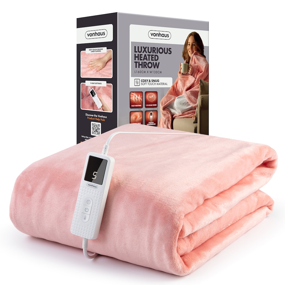 image 1 of VonHaus Heated Throw Blanket with Digital Control Pink