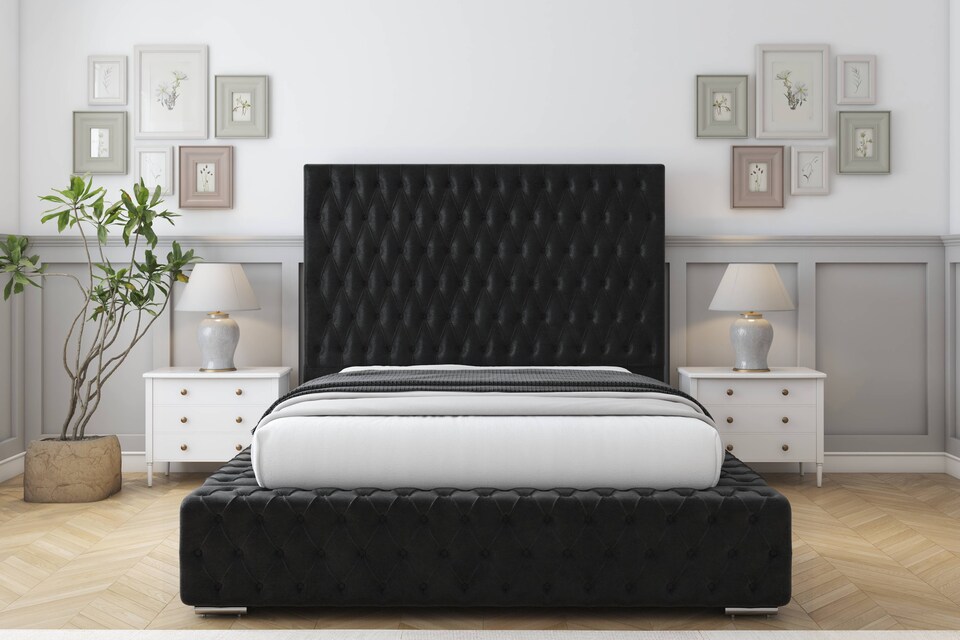 image 1 of Sloomy Ambassador Black Plush Bed Frame With Mattress With 50"  Upholstered Headboard 4' Small Double