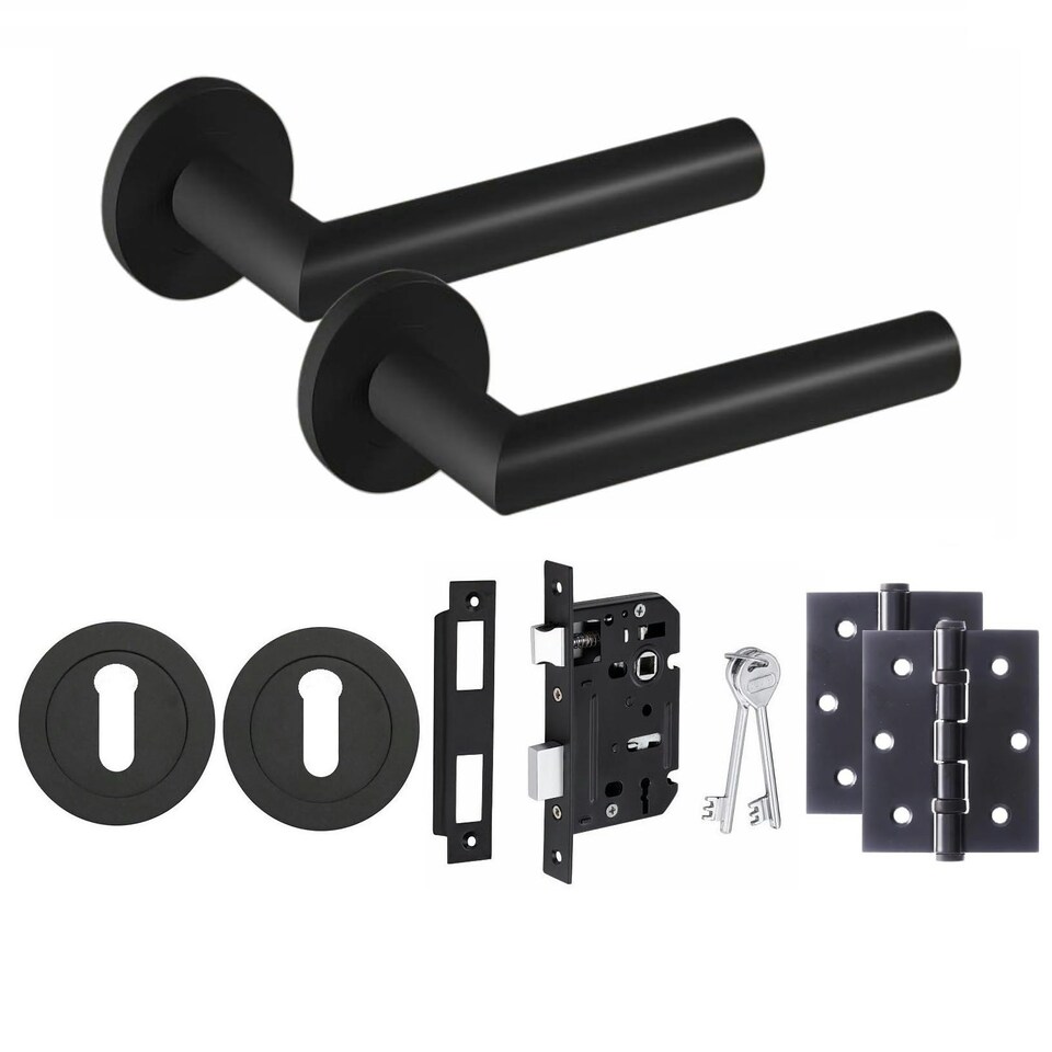 image 1 of Golden Grace Mitred Design Door Handles Set on Round Rose in Matt Black Finish with 64mm 3 Lever Mortise Lock, 3" Ball Bearing Hinges and Key Hole Black