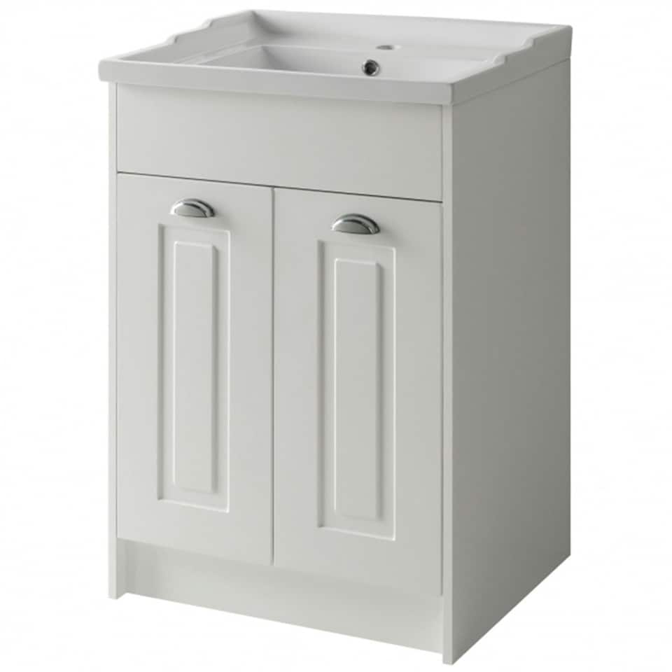 image 1 of Traditional Bathroom Floor Standing 2 Door Vanity Unit and Ceramic Basin 600mm - White - (Aberdeen) | White | White | 1