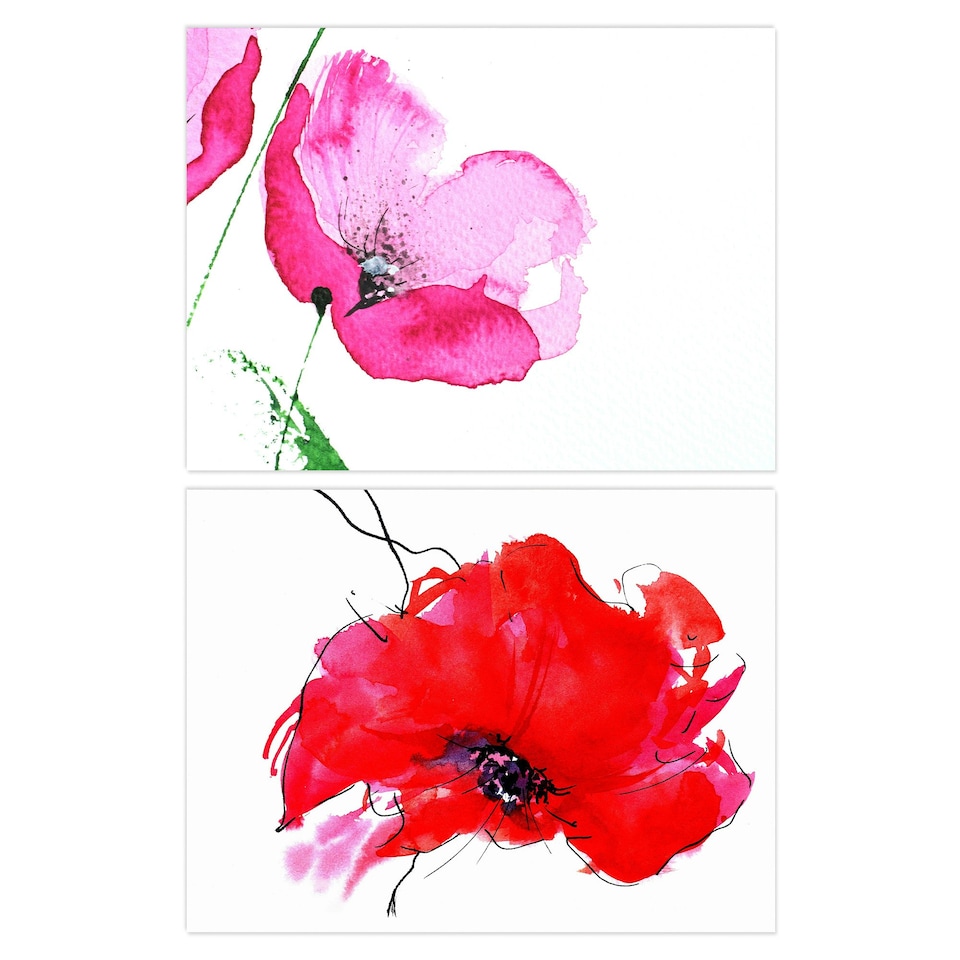 image 1 of Set of 2 Pink Red Poppy Flowers delicate Watercolour Bloom Floral Botanical Wall Art Prints 12x16 Inch