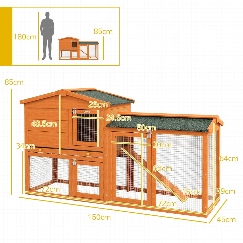 image 1 of PawHut Rabbit Hutch, Guinea Pig Hutch 2 Tier w/ Run & Tray, Asphalt Roof
