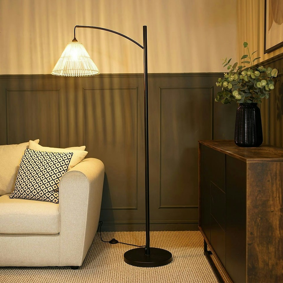 image 1 of ValueLights Preto Black Metal Curve Stem Floor Lamp with a Rattan Wicker Tapered Shade