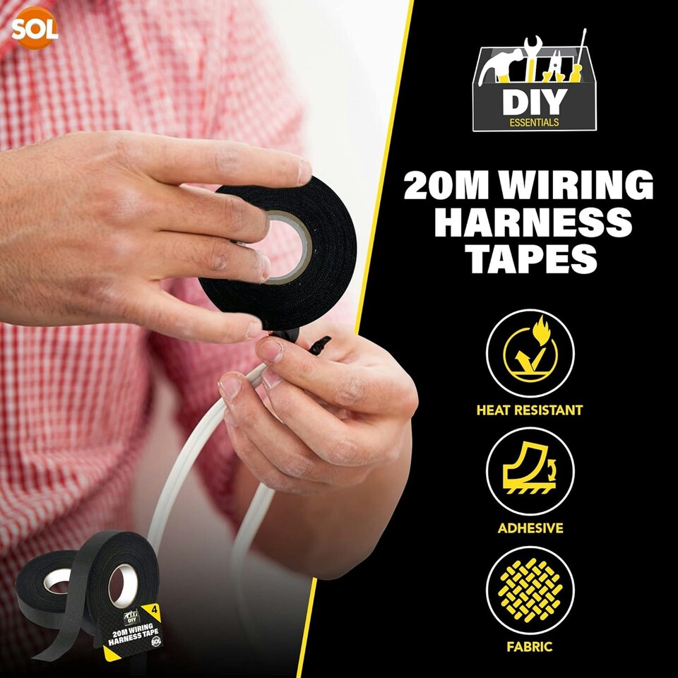 image 1 of SOL 4pk 20m Wiring Harness Tape, Black Loom Binding Felt for Cars, Motorcycle