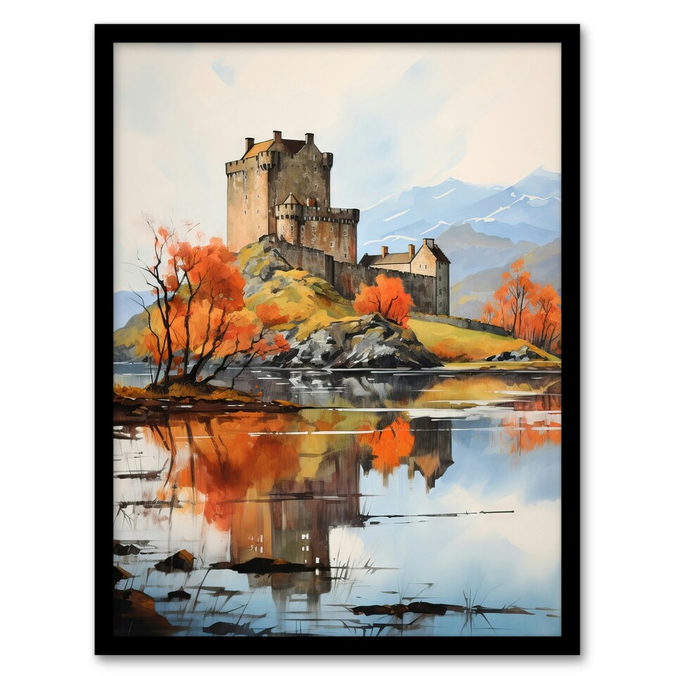 image 1 of Eilean Donan Castle Scotland Watercolour Black Framed Wall Art Print A4