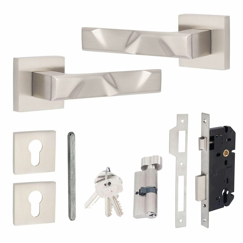 image 1 of Golden Grace Modern Nova Euro Lock Door Handles in Satin Nickel Finish with 70mm Key and Thumbturn Barrell Grey