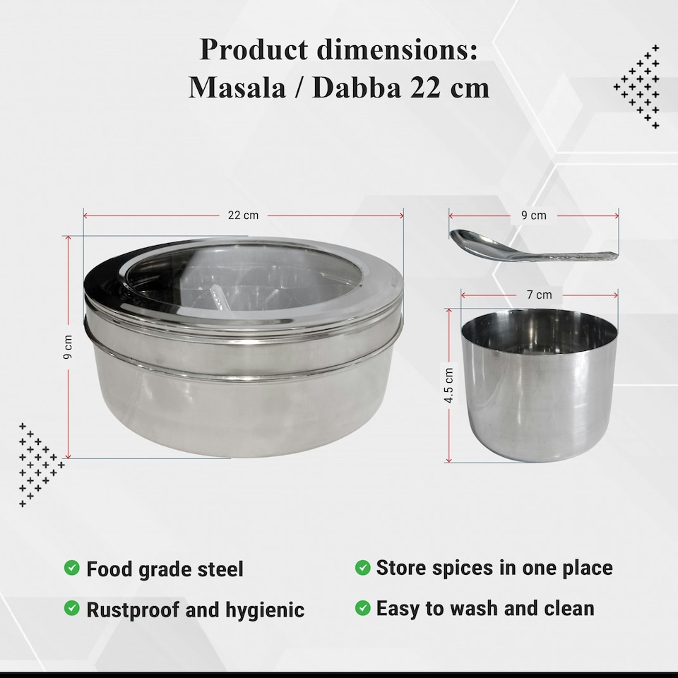 image 1 of Buckingham Stainless Steel Massala Dabba set , 7 cups + 1 Spoon , 22.5 cm with Acrylic / SS Lid Silver