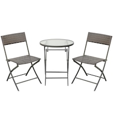 Outsunny 3 Pieces Rattan Bistro Set, Wicker Folding Garden Furniture Set with Round Glass Top Coffee Table and Chairs for Outdoor, Patio, Balcony, Brown