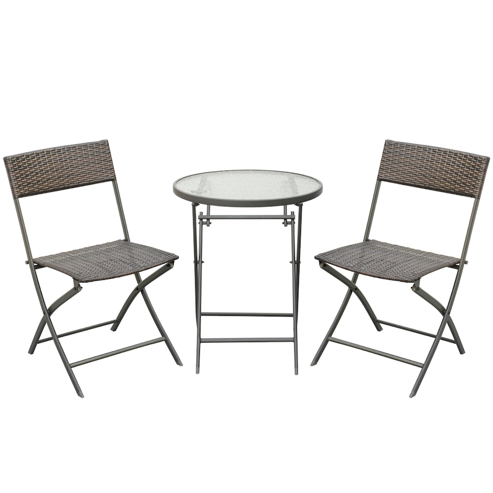 image 1 of Outsunny 3 Pieces Rattan Bistro Set, Wicker Folding Garden Furniture Set with Round Glass Top Coffee Table and Chairs for Outdoor, Patio, Balcony, Brown