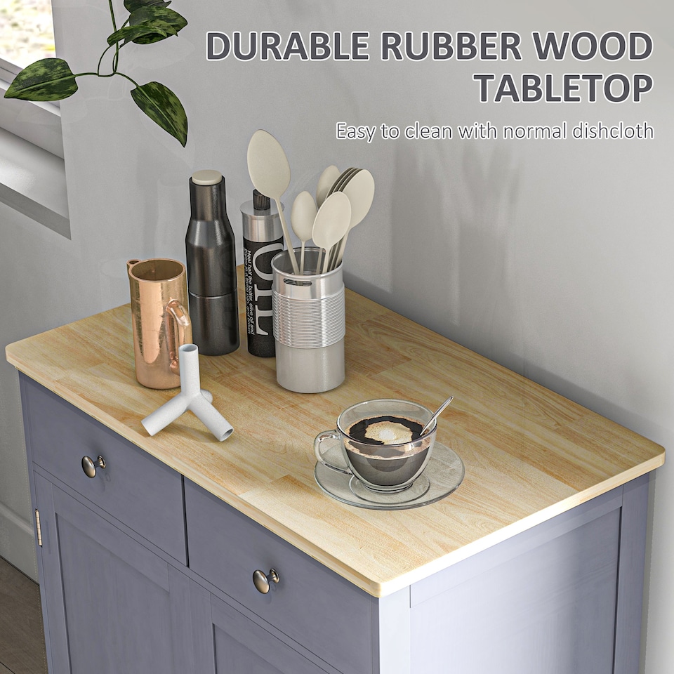 image 1 of HOMCOM Rubber Wood Top Kitchen Side Cabinet with Adjustable Shelf, Grey