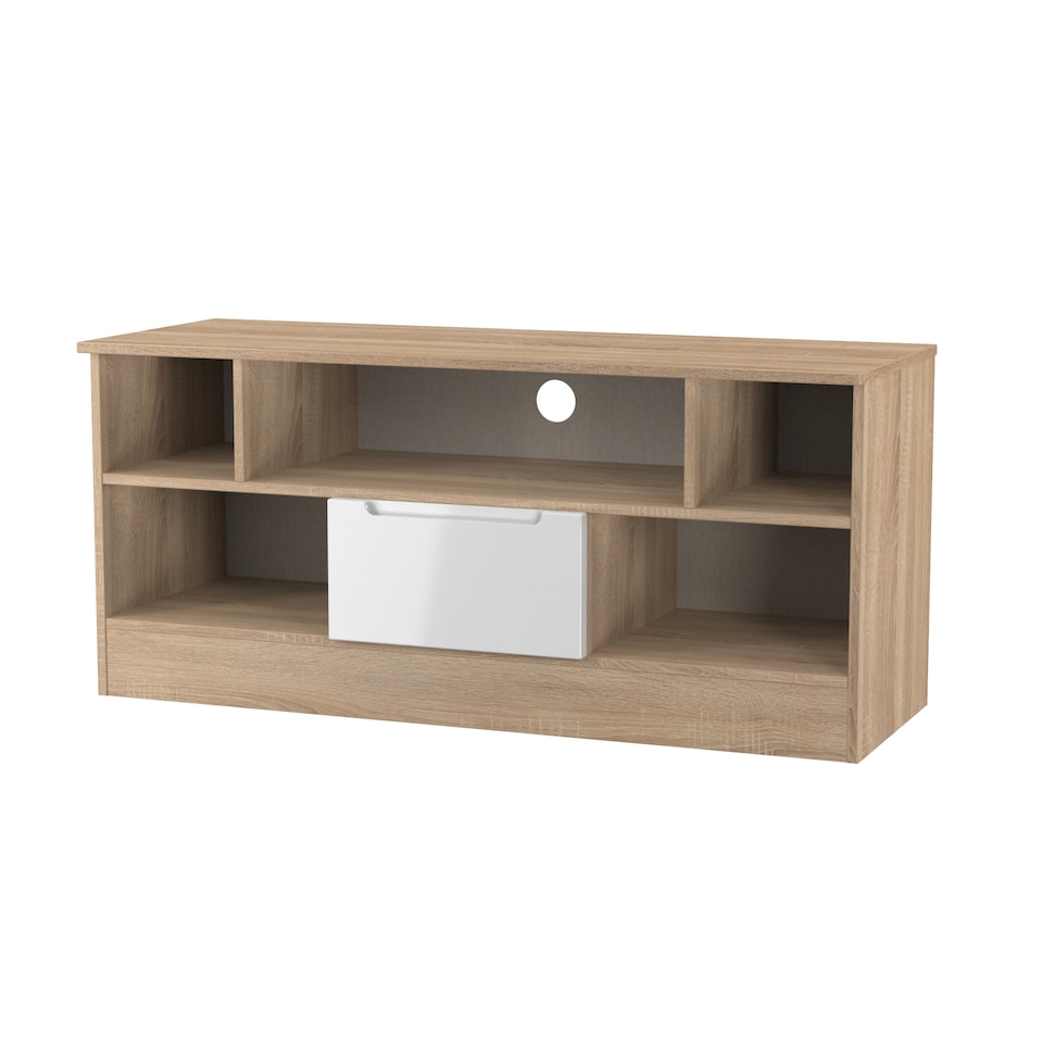 image 1 of Lucca 1 Drawer TV & Media Unit in White Gloss & Bardolino Oak (Ready Assembled) | White | White Gloss & Bardolino Oak