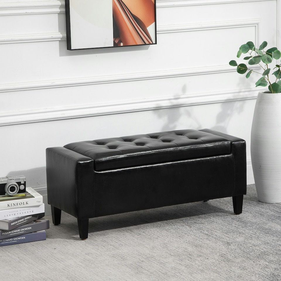 image 1 of HOMCOM 40x90cm PU Leather Storage Ottoman Bench Wood Frame w/ Tufting Feet Black