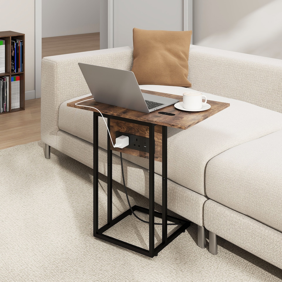image 1 of HOMCOM C Shaped Side Table, Industrial Bedside Table with Charging Station, Foldable Top and Metal Frame for Living Room, Bedroom, Rustic Brown