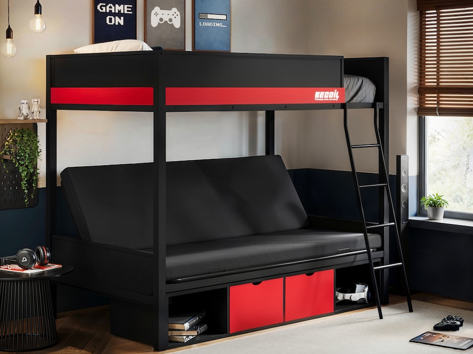 image 1 of Recoil Nova Storage Gaming Metal Bunk with Futon Black & Red