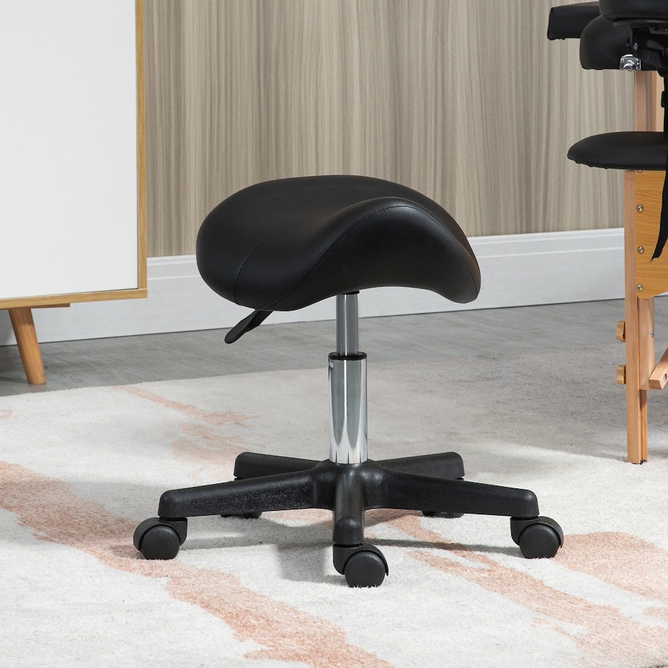image 1 of HOMCOM Saddle Stool, PU Leather Adjustable Rolling Salon Chair with Steel Frame for Massage, Spa, Beauty and Tattoo, Black | Black | 1