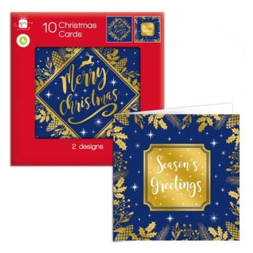 Assorted Gold & Blue Christmas Cards with Envelopes - Pack of 10