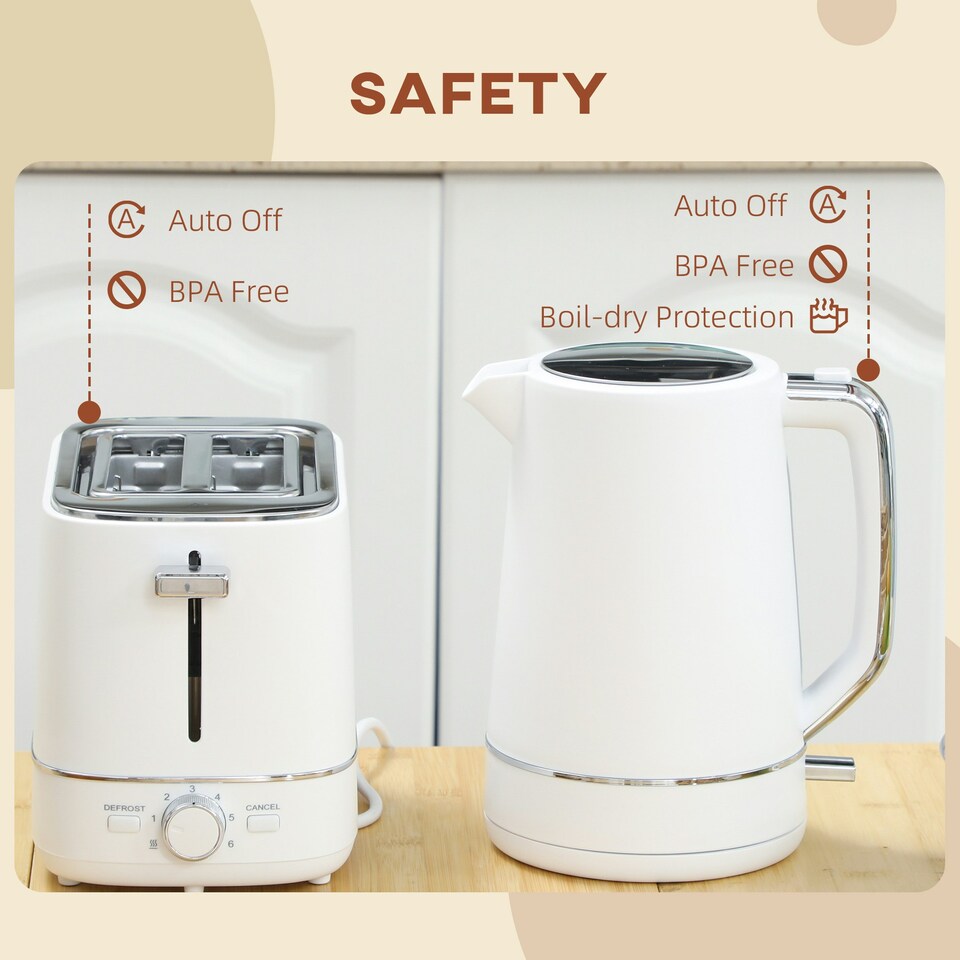 image 1 of HOMCOM 1.7L 3000W Fast Boil Electric Kettle and 2 Slice Toaster Set, White