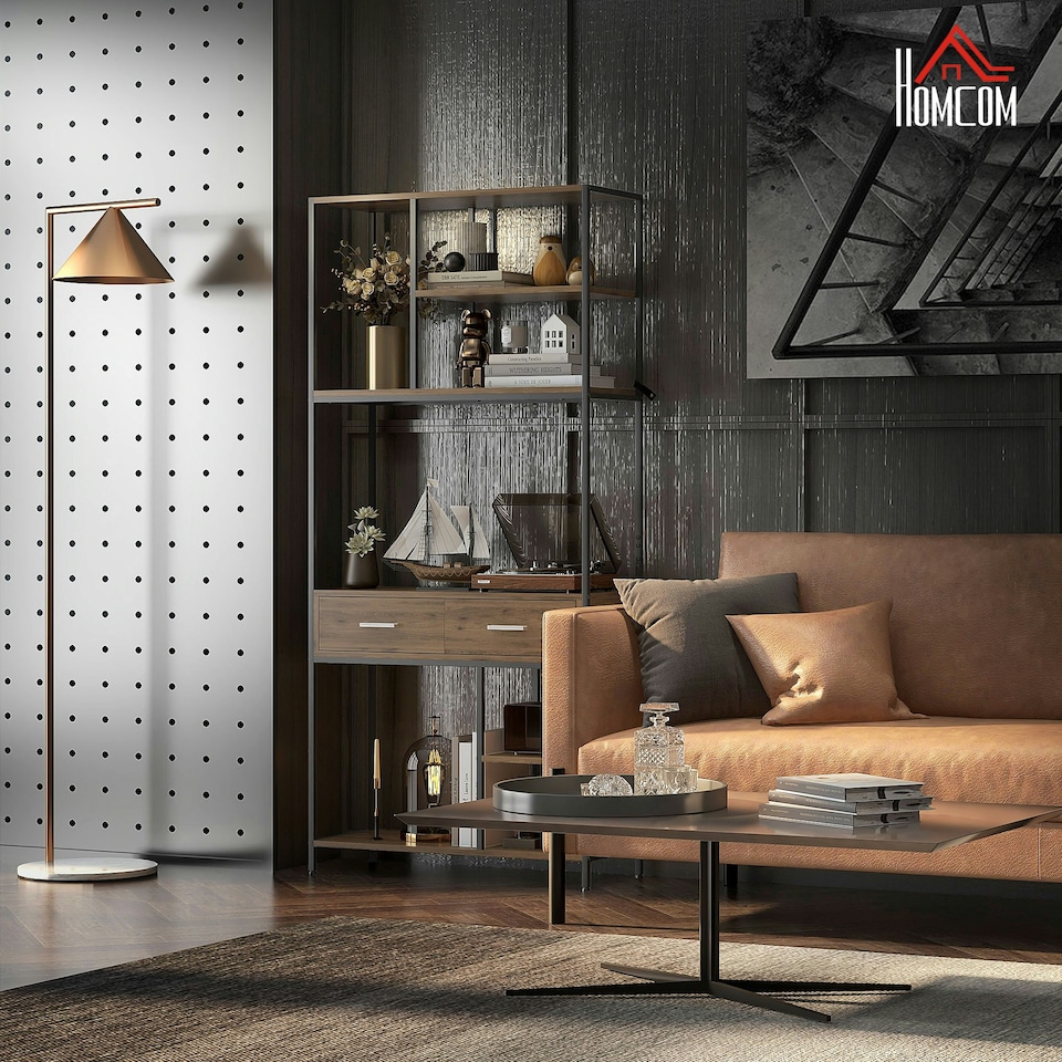 image 1 of HOMCOM 5 Tier Free Standing Book Shelf with 2 Drawers for Study, Living Room