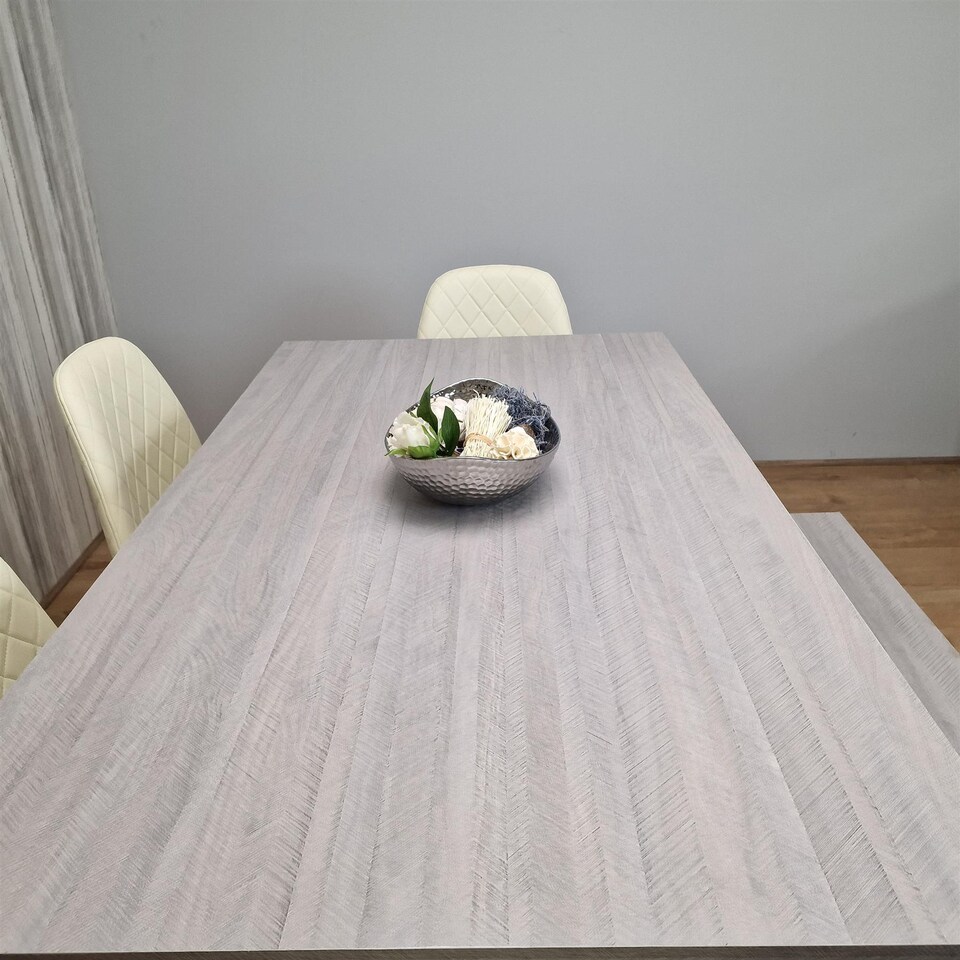image 1 of Modern Grey Rectangle Dining Table Set With 4 Cream Gem Chairs And 1 Bench Dining Room Furniture | Cream | One Size | 6