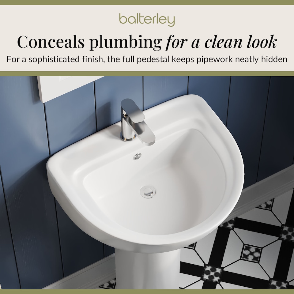 image 1 of Balterley Adley Round 1 Tap Hole Ceramic Basin with Full Pedestal Bathroom Sink Tap Not Included | White | White
