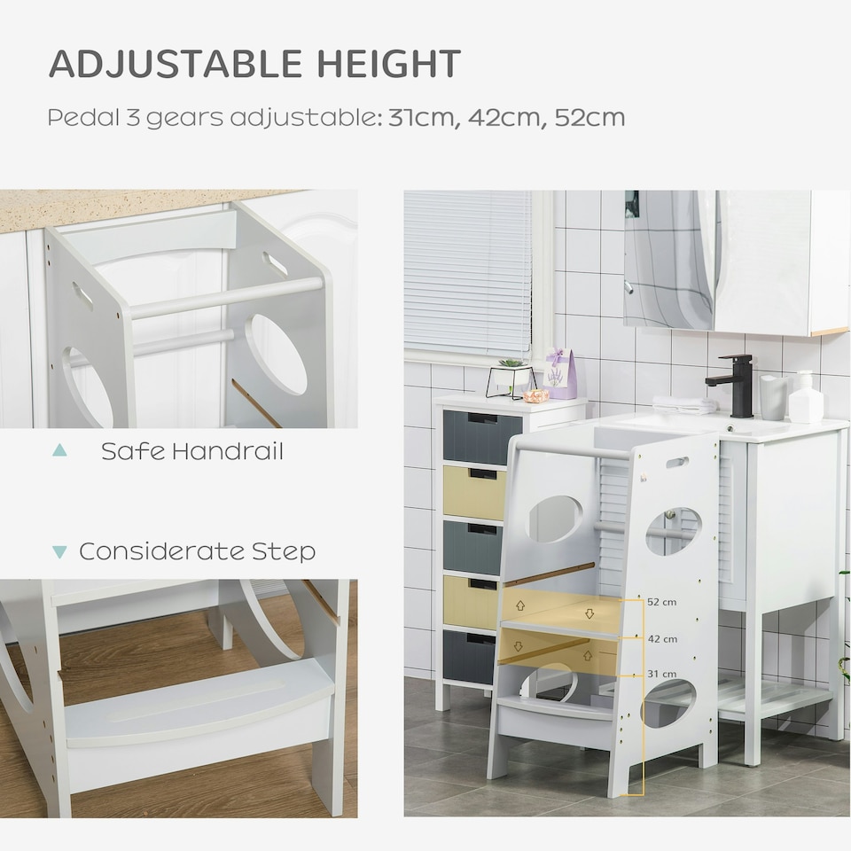 image 1 of HOMCOM Kids Step Stool Toddler Kitchen Stool w/ Adjustable Standing Platform White