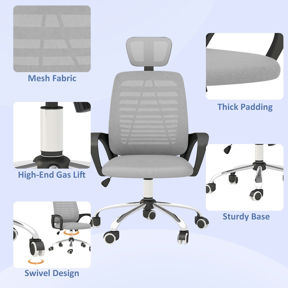 image 1 of Vinsetto Mesh Office Chair, Computer Chair with Rotatable Headrest, Grey